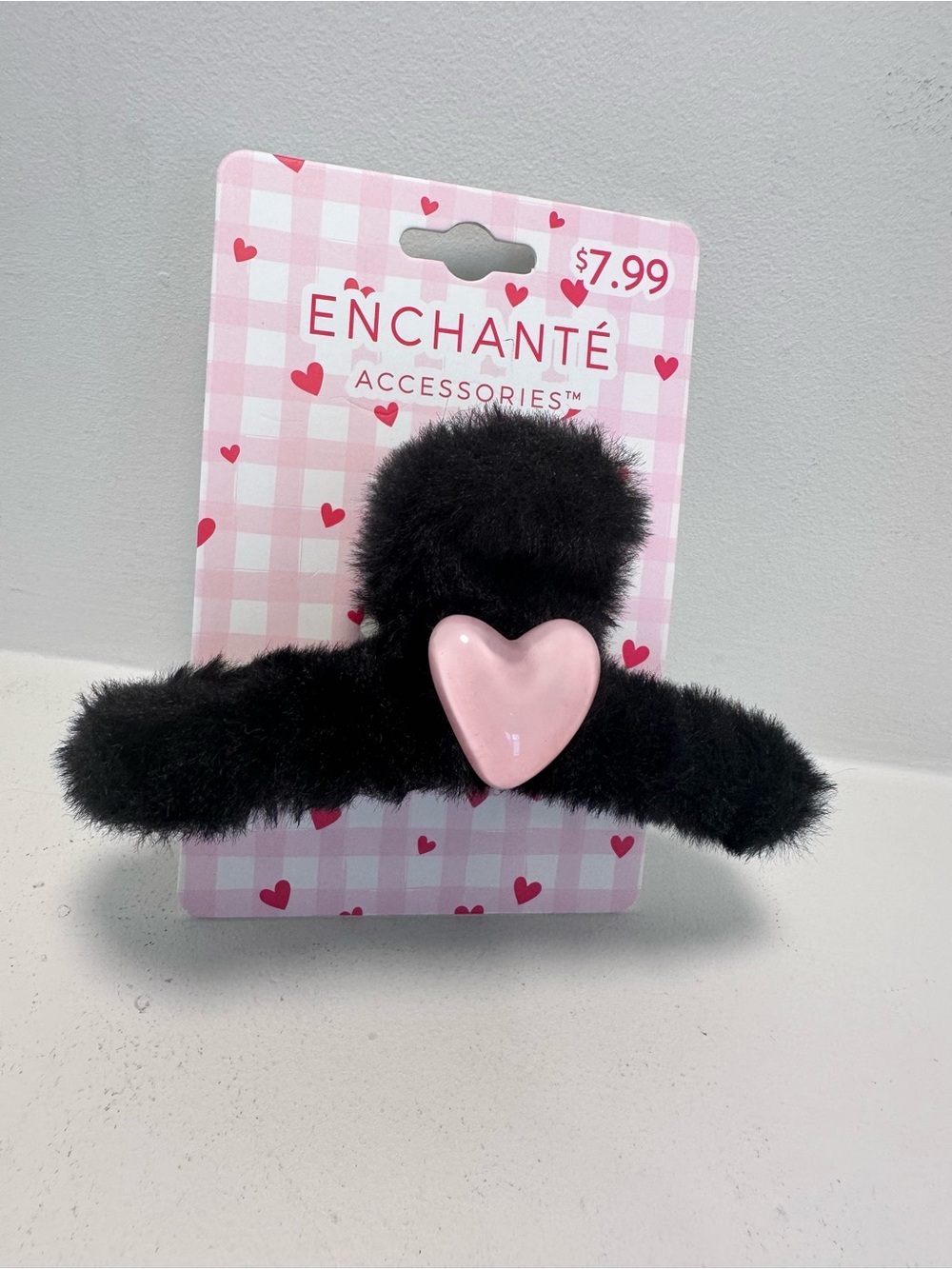 ENCHANTE Claw Hair Clip Black Plush with Pink Heart New